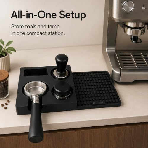 Espresso Tamping Station Mat with Tool Organizer, Silicone Coffee Tamper Mat with 70mm Portafilter Rest, Dual 60mm Holders, Drainage Outlet, Black, 12.4 x 6.2 in - Image 2