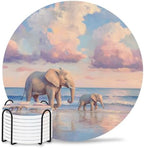 Beach Elephant Drink Coasters Set of 8 with Holder,Absorbent Round Ceramic Coasters for Desk,Natural Seaside Scenery Modern Paint Art Cup Mats for Home Kitchen Office Party Coffee Table Decoration by Unknown
