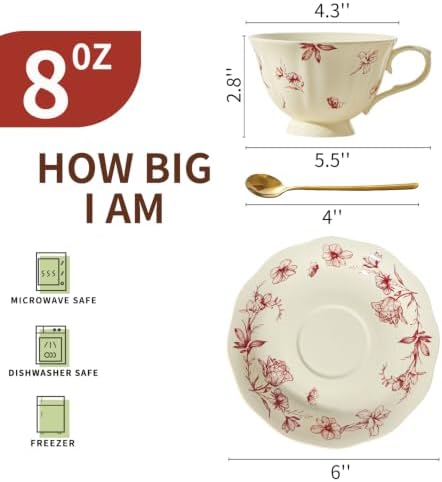 Vintage Fancy Porcelain Tea Cups and Saucers Set of 6, 8 oz China Ceramic Coffee & Cappuccino Cups with Gold Spoons, Cream Blue & Red Floral Design, Tea Party Gifts for Women - Image 2