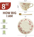 Vintage Fancy Porcelain Tea Cups and Saucers Set of 6, 8 oz China Ceramic Coffee & Cappuccino Cups with Gold Spoons, Cream Blue & Red Floral Design, Tea Party Gifts for Women - Image 2
