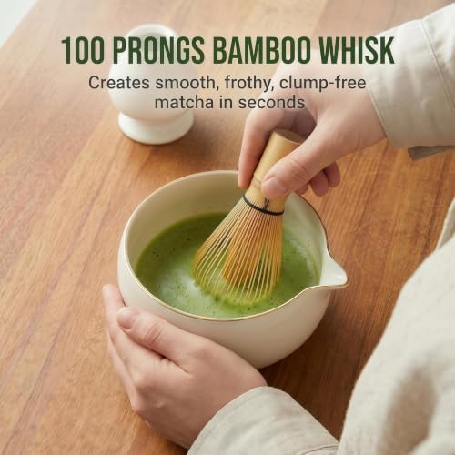 5 Pcs Matcha Whisk Set,Matcha Set Whisk and Bowl,Matcha Whisk Chasen,Japanese Complete Matcha Making Kit,Bowl with Spout,Bamboo 100 Prongs,Stainless Strainer,Home Tea Gift for Adults (white) - Image 4
