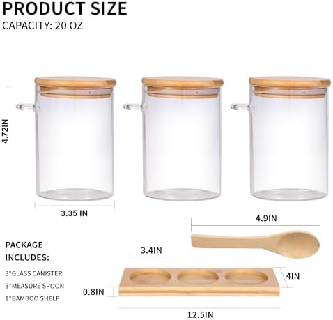 Glass Spice Storage Container with Spoon, 3PCS 20oz Airtight Sealed Condiment Jar with Tray, Kitchen Pantry Seasoning Canister Set for Salt Coffee Sugar Tea & Bathroom Cotton Swab Ball - Image 2