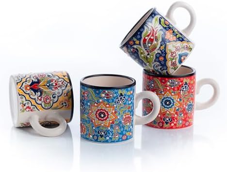 Ceramic Espresso Cups, 5 Oz Espresso Cups Set of 4, Handmade Espresso Cup, 2.75 Inch Espresso Mugs, Multicolor Demitasse Cups, Microwave & Dishwasher Safe Espresso Mugs, Coffe Mug Set (FLOWER BLOOM) by ELYESE