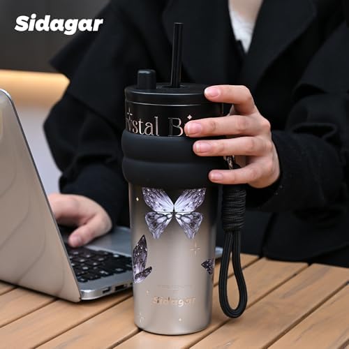 SDGA+ 24 oz Stainless Steel Tumbler with Lid and Straw, Insulated Water Bottle Leak Proof for Hot and Cold, Portable Travel Coffee Mug, Reusable Coffee Cup for Women, Butterfly - Image 4