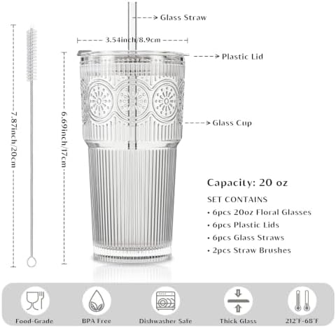 INSETLAN 20 oz Iced Coffee Cups with Lids and Straw, Set of 6 Glass Tumbler - Image 3