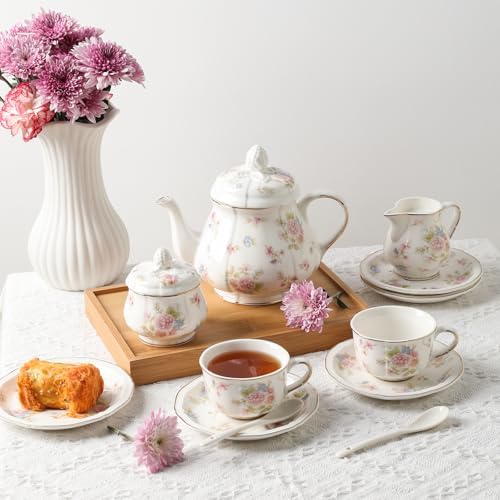 Sweejar 23 Pcs Floral Tea Sets with Metal Holder, Relief Gold Rim Porcelain Tea Sets for Adults, Cup and Saucer Set for 6, with Teapot, Sugar Bowl, Milk Jug, Spoons (Small Flower) - Image 6
