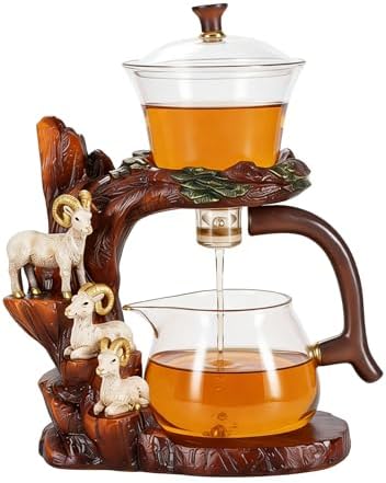 Glass Teapot Set with Infuser Semi Automatic Tea Set Lazy Kungfu Attraction Drip Rotating Magic Teapot Set (Goat) by FIREKIRIN