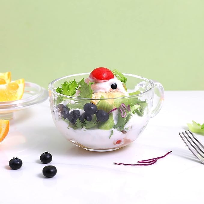 Glass Cereal Bowl with Handle and Lid - Clear Small Soup, Yogurt, Oatmeal Breakfast Bowl - Microwave Safe Glassware for Dessert, Pasta, Rice - 600ml Capacity-Set of 1pc - Image 2