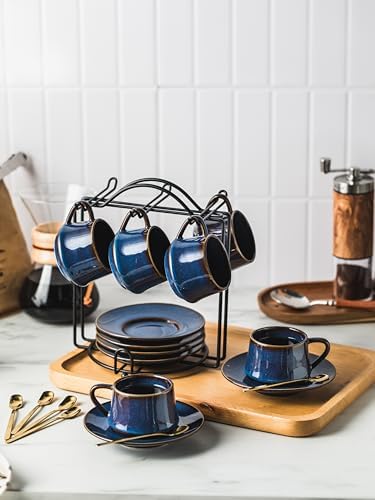 YHOSSEUN Espresso Cups Set of 6, 4 OZ Expresso Shots Cup with Sacuer, Blue - Image 5