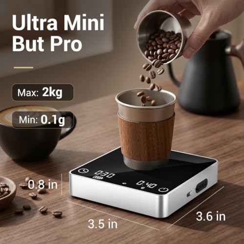 Mini Coffee Scale with Timer, 0.1g/2kg Rechargeable Espresso Scale, 4 Brewing Modes with Auto Tare and Real-Time Brew Ratio, Compact Digital Brewer for Pour-Over, Silver - Image 2