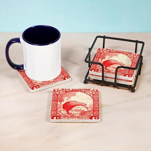 CafePress Antique 1935 New Zealand Kiwi Bird Postage Stamp T Tumbled Stone - Set of 4 Coasters Set of 4 w/holder - Image 3