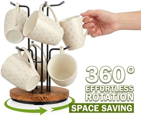 2 Pack 360° Rotating Large Mug Tree for Counter, Coffee Mug Holder with 6 Hooks, Cup Holder Stand for Countertop, Metal Cup Tree Rack with Weighted Wood Base, Kitchen Coffee Bar Decor Display - Image 2