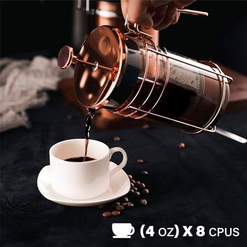French Press, 34 Ounce (1000ml) Coffee Maker, Glass Rose Gold Coffee Press, Heat Resistant Borosilicate Glass Tea Maker and 3 layers Filter Coffee Pot for Camping Travel Gifts - Image 4