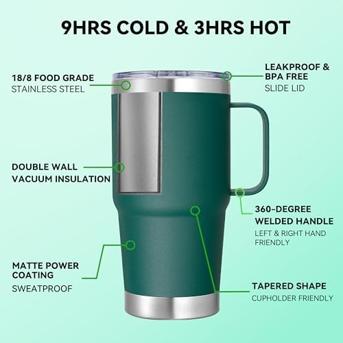 20 oz Stainless Steel Tumbler with Handle Bulk Metal Insulated Tumblers Travel Coffee Mug with Handle Double Wall Tumbler Cup with Lid and Straw, New Dark Green 12 Pack - Image 3