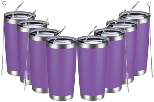 MEWAY 20oz Tumbler 8 Pack Double Wall Vacuum Insulated Travel Mug Bulk, Stainless Steel Tumblers with Lid and Straw, Durable Powder Coated Coffee Cups for Cold & Hot Drinks (Purple, 8) by MEWAY