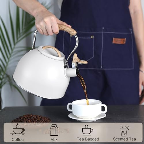 Tea Kettle, Vegoran 100 OZ / 3 Liter Whistling Tea Kettle, Tea Pots for Stove Top Food Grade Stainless Steel with Wood Pattern Folding Handle, Loud Whistle Kettle for Tea, Coffee, Milk (White) - Image 7