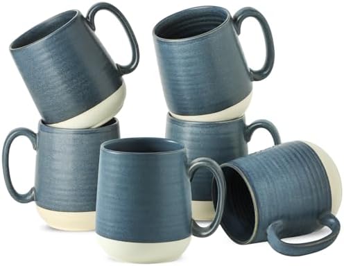 Hasense Coffee Cups, 15 oz Coffee Mugs Ceramic with Handles Set of 6, Tea Cup for Home and Office, Stylish Colorblocking Mug for Coffee, Tea, Latte, Cocoa, Dishwasher Microwave Safe, Deep Blue by Hasense