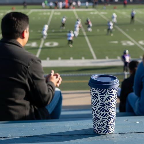 Handcrafted Talavera Ceramic Travel Mug with Silicone Lid, 16 oz, 6.5 Inch Tall, Mexican Embossed Pottery Coffee Tumbler – Artisan Texture & Relief Design (Puebla Cobalt) - Image 4