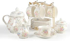 Sweejar 23 Pcs Floral Tea Sets with Metal Holder, Relief Gold Rim Porcelain Tea Sets for Adults, Cup and Saucer Set for 6, with Teapot, Sugar Bowl, Milk Jug, Spoons (Small Flower) by Sweejarco1949