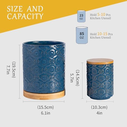 TEATALK Ceramic Canister with Airtight Lid, Cookie & Coffee Canister for Countertop, Food Storage Jar for Sugar, Tea, Matcha, Candy, Coffee Bean Container, Dark Blue, 7.7"+5.7" - Image 2