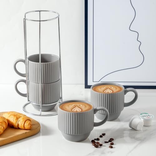Hasense Stackable Coffee Mugs With Stand, 12 oz Stackable Coffee Cups Ceramic, Modern Ribbed Latte Cup Sets for Cappuccino, Tea, Espresso, Hot Cocoa, Drinks - Dishwasher & Microwave Safe, Grey - Image 2