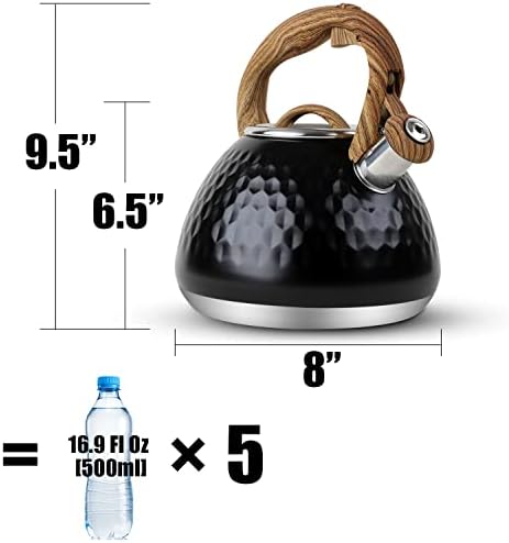 Tea Kettle, Toptier Teapot Whistling Kettle with Wood Pattern Handle Loud Whistle, Food Grade Stainless Steel Tea Pot for Stovetops Induction Diamond Design Water Kettle, 2.7-Quart Black - Image 2