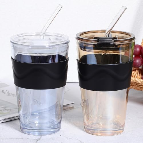 KICHOUSE 2pcs Glass Water Bottles with Lid and Straw, 450ml Reusable Cold Brew and Coffee Drinking Cups with Silicone Sleeve, Beverage Tumblers for Home and Travel - Image 6