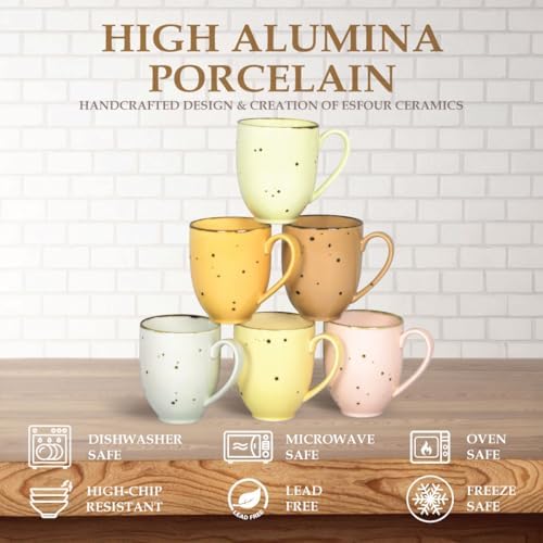 Esfour Ceramics Coffee Mugs Set Of 6, 14 Oz Large Handle Heavy Duty Cups - Microwave Dishwasher Safe - Latte, Cappuccino, Tea, Cocoa, Mocha - Men, Women, Home Office Daily Use, Blossom Assorted Colors - Image 4