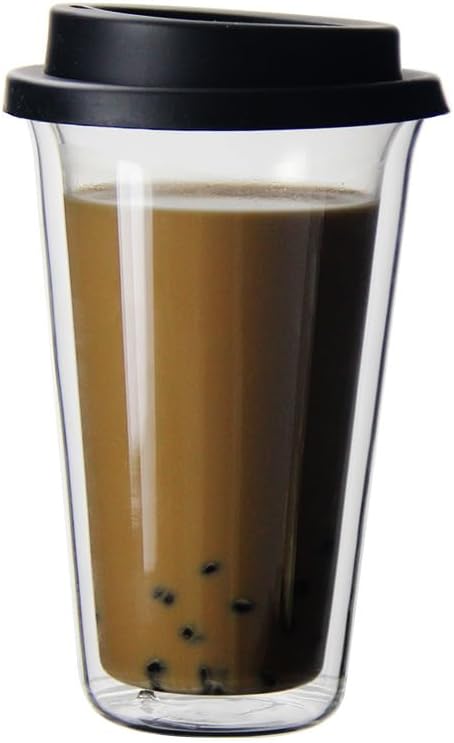 Double-Walled Glass Coffee Mug with Silicone Lid,Heat-Resistant Borosilicate,Insulated,Black，Pack of two by Unknown
