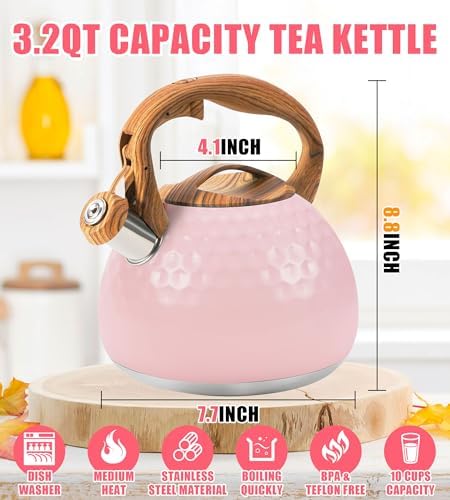 3.2Qt Stainless Steel Whistling Tea Kettle Stovetop, Pink - Image 4