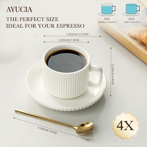 5 Ounce Espresso Cups Set of 4, Small Coffee Cups with Saucers and Spoons, White Cream Ceramic Demitasse Espresso Mugs - Image 5