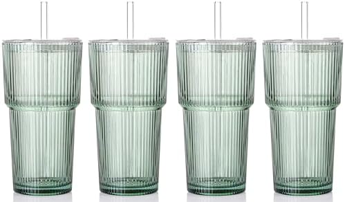 4PCS Green Ribbed Glass Cups with Lids and Straws, 20oz Vintage Drinking Glasses, Aesthetic Iced Coffee Cups, Glass Tumbler for Boba, Beer, Tea, Cocktails, Green Ribbed Glassware Set by SIPBYSOP