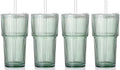 4PCS Green Ribbed Glass Cups with Lids and Straws, 20oz Vintage Drinking Glasses, Aesthetic Iced Coffee Cups, Glass Tumbler for Boba, Beer, Tea, Cocktails, Green Ribbed Glassware Set by SIPBYSOP