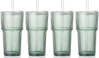 4PCS Green Ribbed Glass Cups with Lids and Straws, 20oz Vintage Drinking Glasses, Aesthetic Iced Coffee Cups, Glass Tumbler for Boba, Beer, Tea, Cocktails, Green Ribbed Glassware Set by SIPBYSOP