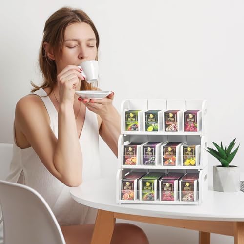 Bamboo Tea Bag Organizer, 3-Tier Tea Bag Holder Storage Organizer, Stackable Tea Packet Rack/Shelf, Tea Station Stand with Acrylic Partition for Counter, Cabinet and Pantry-White - Image 3