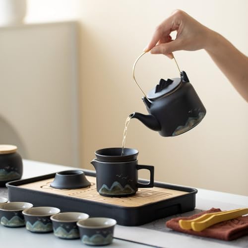 Chinese Gongfu Tea Set tea kit, Tea Gift sets,15-Piece Ceramic Tea Service with Teapot, 6 Cups, Storage Jar, Tea Tray, Black and Teal Mountain Design with Gray Travel Case - Image 6