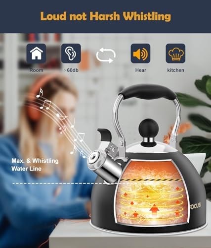 Tea Kettle, 2 Quart Stainless Steel Whistling Tea Kettle, Stovetop Whistling Teakettle Tea Pots for Stove Top with Ergonomic Folding Handle, Small Teapot, Water boiler for Tea, Coffee (Black) - Image 2