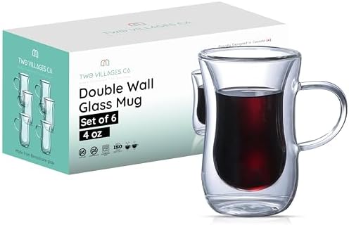 4 Oz Double Wall Borosilicate Insulated Glass Coffee Mug Set of 6, 120ml Coffee Cups with Handle for Tea, Latte - Perfect Espresso Cup Gift by TwoVillagesCA