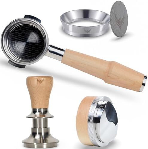 Espresso Accessories Kit 58mm for E61 Group Head Bottomless Portafilter, Calibrated Tamper, Dosing Funnel with Puck Filter, and Espresso Distributor by KNODOS