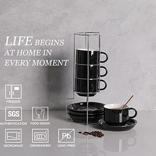 Sweejar Porcelain Cappuccino Cups with Saucers and Metal Stand, 8 Ounce Stackable Espresso Cups for Specialty Coffee Drinks, Latte, Americano, Tea - Set of 4 (Black) - Image 2