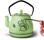 Toptier Teapot with Removable Infuser, Cast Iron Tea Kettle Stovetop Safe, Squirrel Design Tea Pot Coated with Enameled Interior for 32 Ounce (950 ml), Bright Green by toptier