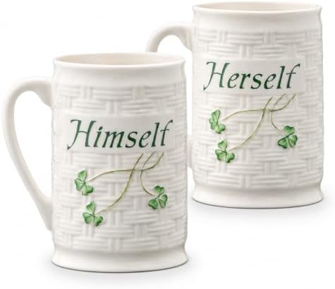 Belleek Classic Himself & Herself 12 oz Irish Coffee Mug Set, Handcrafted Parian China Cups, Shamrock Design, Set of 2, White by Belleek