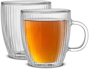 JoyJolt Fluted Glass Coffee Mugs, Double Wall 13.5oz Clear Glass Coffee Mug Set of 2. Latte Glasses, Glass Cappuccino Mugs, Ribbed Mugs by JoyJolt