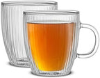 JoyJolt Fluted Glass Coffee Mugs, Double Wall 13.5oz Clear Glass Coffee Mug Set of 2. Latte Glasses, Glass Cappuccino Mugs, Ribbed Mugs by JoyJolt