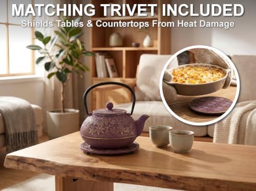 40 Oz Purple Maple Leaf Cast Iron Teapot, Enamel Interior, Infuser & Trivet - Image 4