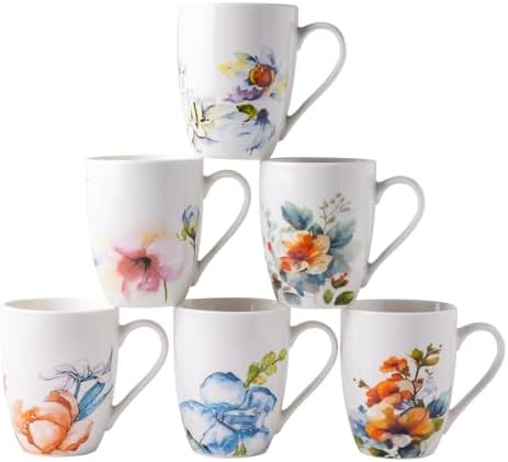 GBhome Floral Coffee Mugs Set of 6, 12 oz Ceramic Coffee Cups Set by GBhome