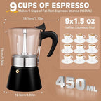 9 Cup 450ml Glass Moka Pot, Stovetop Espresso Maker, Black - Image 5
