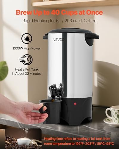 VEVOR Commercial Coffee Urn, 40 Cup 6 L Hot Beverage Dispenser with Dripless Faucet, Quick-Brewing Commercial Coffee Maker, with Stainless Steel Liner, for Catering, Business, Church & Restaurant - Image 2