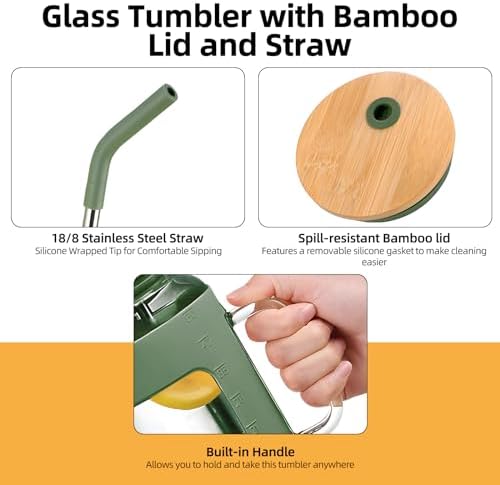 50Oz Glass Mug with Handle and Straw, Silicone Sleeve, Reusable Water Bottle for Beer, Tea, Coffee, Juice, Sustainable Drinking Cup with Lid (Green) - Image 3