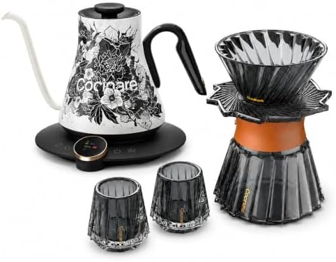 Cocinare Blossom Gooseneck Electric Kettle & Pour Over Coffee Set, ±0.5°F Temperature Control, 1500W 0.9L Kettle, Coffee Dripper, 550 ml / 18.6 oz Server & 2 Tasting Cups by Cocinare